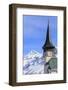 The typical alpine bell tower frames the snowy peaks, Langwies, district of Plessur, Canton of Grau-Roberto Moiola-Framed Photographic Print