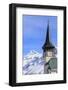 The typical alpine bell tower frames the snowy peaks, Langwies, district of Plessur, Canton of Grau-Roberto Moiola-Framed Photographic Print