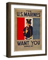 The U.S. Marines Want You, circa 1917-Charles Buckles Falls-Framed Art Print