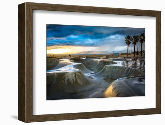 The Venice Skate Park at Sunset, in Venice Beach, Los Angeles, California.-Jon Bilous-Framed Photographic Print