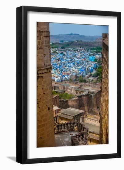 The View from Mehrangarh Fort of the Blue Rooftops in Jodhpur, the Blue City, Rajasthan-Laura Grier-Framed Premium Photographic Print