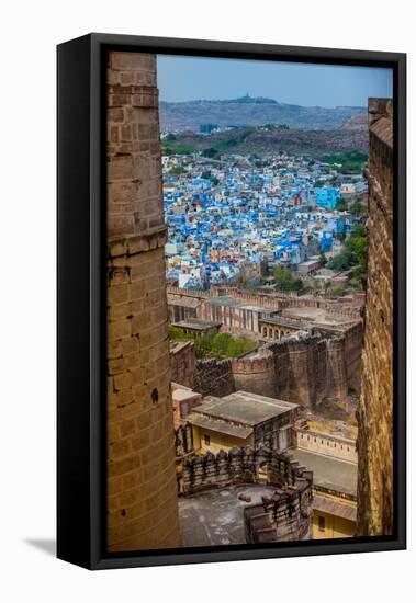 The View from Mehrangarh Fort of the Blue Rooftops in Jodhpur, the Blue City, Rajasthan-Laura Grier-Framed Stretched Canvas