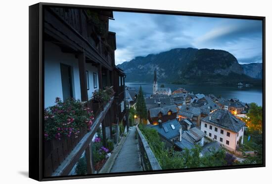 The Village of Hallstatt Illuminated at Dusk, Hallstattersee, Oberosterreich (Upper Austria)-Doug Pearson-Framed Stretched Canvas