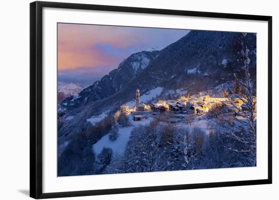 The village of Soglio by nigth after a heavy snowfall, val Bregaglia, Grisons, Switzerland-ClickAlps-Framed Photographic Print