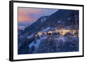 The village of Soglio by nigth after a heavy snowfall, val Bregaglia, Grisons, Switzerland-ClickAlps-Framed Photographic Print