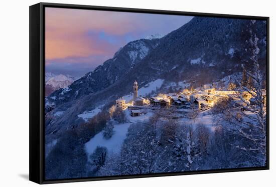 The village of Soglio by nigth after a heavy snowfall, val Bregaglia, Grisons, Switzerland-ClickAlps-Framed Stretched Canvas