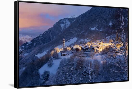 The village of Soglio by nigth after a heavy snowfall, val Bregaglia, Grisons, Switzerland-ClickAlps-Framed Stretched Canvas