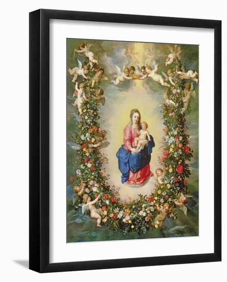 The Virgin and Child Encircled by a Garland of Flowers Held Aloft by Cherubs, C.1624-Jan Brueghel and Hendrik van Balen-Framed Giclee Print