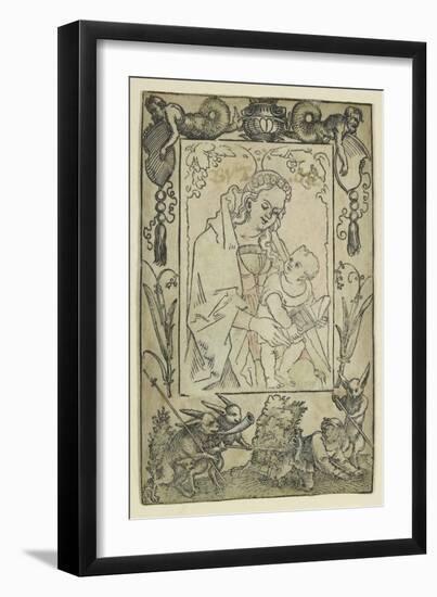 The Virgin and Child Surrounded by a Border with a Hunter and Some Rabbits (Woodcut-Hans Sebald Beham-Framed Giclee Print