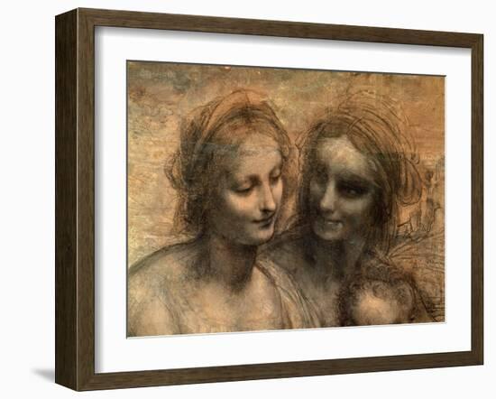 The Virgin and Child with Ss. Anne and John the Baptist, Detail of Heads of the Virgin and St. Anne-Leonardo da Vinci-Framed Giclee Print