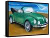 The VW Bug Series - The Green Volkswagen Bug at the the Beach-Martina Bleichner-Framed Stretched Canvas