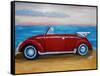 The VW Bug Series - The Red Volkswagen Bug at the beach-Martina Bleichner-Framed Stretched Canvas