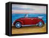 The VW Bug Series - The Red Volkswagen Bug at the beach-Martina Bleichner-Framed Stretched Canvas