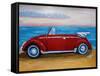 The VW Bug Series - The Red Volkswagen Bug at the beach-Martina Bleichner-Framed Stretched Canvas