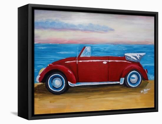 The VW Bug Series - The Red Volkswagen Bug at the beach-Martina Bleichner-Framed Stretched Canvas