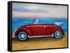 The VW Bug Series - The Red Volkswagen Bug at the beach-Martina Bleichner-Framed Stretched Canvas