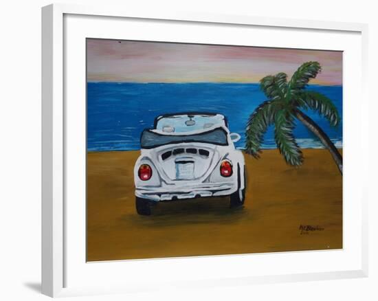 The VW Bug Series - The White Volkswagen Bug at the Beach-Martina Bleichner-Framed Art Print