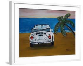 The VW Bug Series - The White Volkswagen Bug at the Beach-Martina Bleichner-Framed Art Print