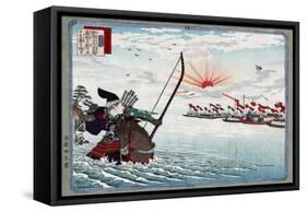 The Warrior Nasu no Yoichi, Seated on a Horse, Shooting an Arrow, Japanese Wood-Cut Print-Lantern Press-Framed Stretched Canvas