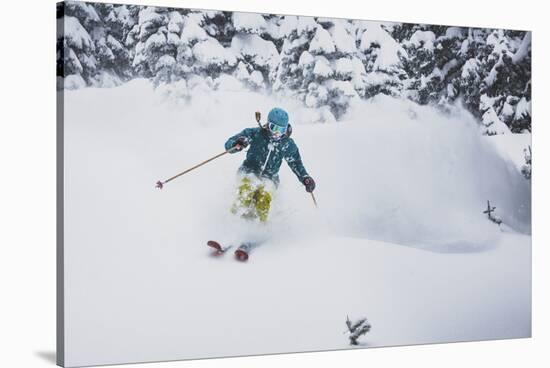 The Wasatch Gets Slammed. Mali Noyes Storm Skiing, Alta Ski Area, Utah-Louis Arevalo-Stretched Canvas