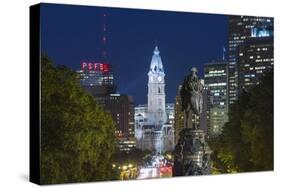 The Washington Monument and Downtown Skyline, Philadelphia.-Jon Hicks-Stretched Canvas