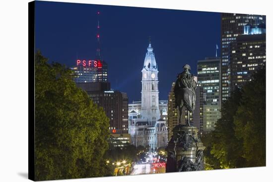 The Washington Monument and Downtown Skyline, Philadelphia.-Jon Hicks-Stretched Canvas