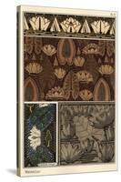 The water lily, Nelumbo lutea, in fabric, cross-stitch tapestry, and relief mold patterns.-null-Stretched Canvas