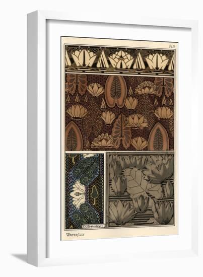 The water lily, Nelumbo lutea, in fabric, cross-stitch tapestry, and relief mold patterns.-null-Framed Giclee Print