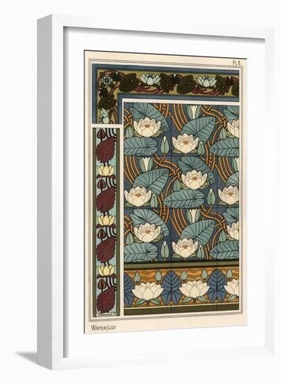 The water lily, Nelumbo lutea, in wallpaper and tile patterns. Lithograph by Verneuil.-null-Framed Giclee Print