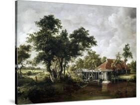 The Watermill with the Great Red Roof-Meindert Hobbema-Stretched Canvas