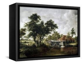 The Watermill with the Great Red Roof-Meindert Hobbema-Framed Stretched Canvas