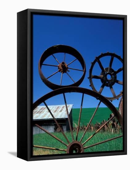 The Wheel Fence and Barn, Uniontown, Whitman County, Washington, USA-Brent Bergherm-Framed Stretched Canvas