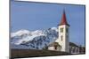 The white alpine church framed by snowy peaks, Maloja, Bregaglia Valley, Canton of Graubunden, Enga-Roberto Moiola-Mounted Photographic Print