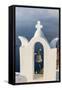 The White Steeple of the Church and the Blue Aegean Sea as Symbols of Greece, Oia, Santorini-Roberto Moiola-Framed Stretched Canvas