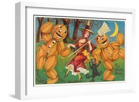 The Witch's Dance, Jack O'Lanterns, Cat-null-Framed Art Print