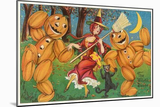 The Witch's Dance, Jack O'Lanterns, Cat-null-Mounted Art Print