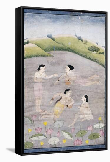 The Wives of Raga Hindola Swimming in a Lake with the Aid of Pitchers, Kangra, Early 19th Century-null-Framed Stretched Canvas