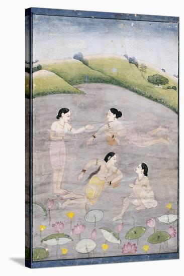 The Wives of Raga Hindola Swimming in a Lake with the Aid of Pitchers, Kangra, Early 19th Century-null-Stretched Canvas