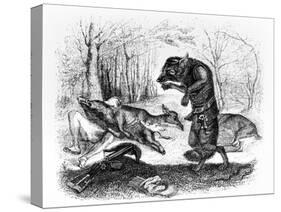 The Wolf and the Hunter, Illustration for 'Fables' of La Fontaine, Published by H. Fournier Aine,…-J.J. Grandville-Stretched Canvas