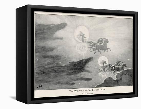 The Wolves Skoll (Repulsion) and Hati (Hate) Pursue Sol (Sun) and Mani (Moon) Across the Skies-J.c. Dollman-Framed Stretched Canvas