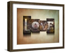 The Word "Love". Random Letterpress Type On Grunge Background-Piko72-Framed Art Print