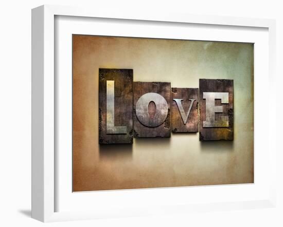 The Word "Love". Random Letterpress Type On Grunge Background-Piko72-Framed Art Print