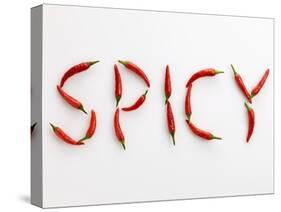 The Word 'SPICY' Written in Red Chillies-Peter Rees-Stretched Canvas