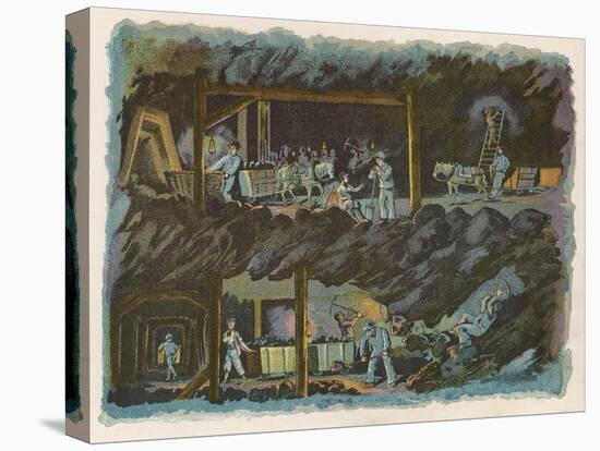 The Workings of a Mine Showing Miners at the Coal Face and the Coal Being Transported by Pony-null-Stretched Canvas