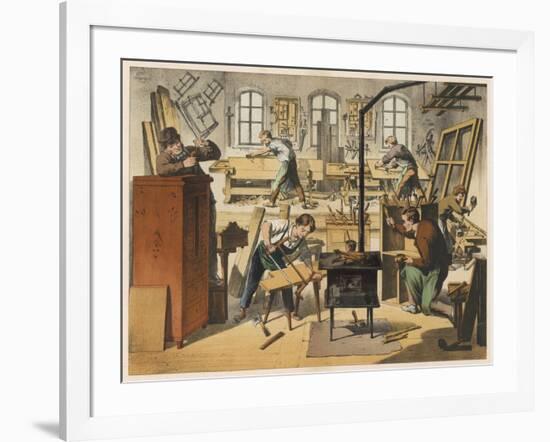 The Workshop of a Carpenter and Joiner, with Various Activities Taking Place-null-Framed Art Print