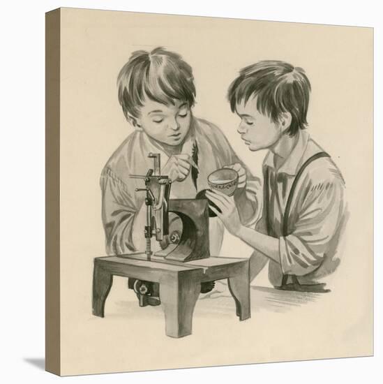 The Wright Brothers as Boys, Dropping Water into the Sewing Matchine with a Feather-Peter Jackson-Stretched Canvas