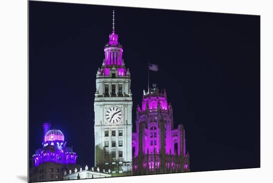 The Wrigley Building and Tribune Tower Illuminated at Night, Chicago, Illinois.-Jon Hicks-Mounted Premium Photographic Print