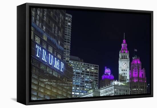 The Wrigley Building and Tribune Tower Illuminated at Night, Chicago, Illinois.-Jon Hicks-Framed Stretched Canvas