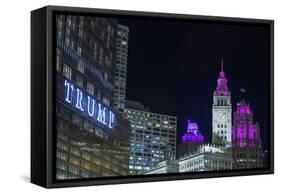 The Wrigley Building and Tribune Tower Illuminated at Night, Chicago, Illinois.-Jon Hicks-Framed Stretched Canvas