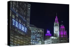 The Wrigley Building and Tribune Tower Illuminated at Night, Chicago, Illinois.-Jon Hicks-Stretched Canvas